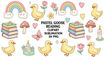 Fototapeta premium Pastel Colored Cute Ducklings, Rainbows, Mushrooms, Flowers, and Books Clipart Set illustration
