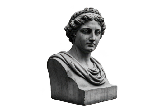 Ancient greek marble bust of a woman with elaborate hairstyle in monochrome tones transparent background