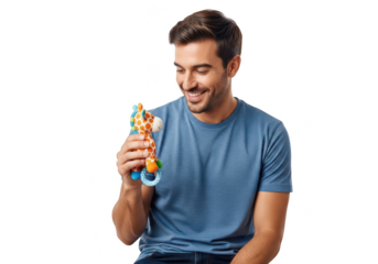 Happy man holding whisk with food product smiling warmly enjoying healthy snack transparent background