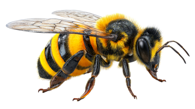 Detailed macro view of a fuzzy bumblebee with prominent wings and yellow and black stripes, cut out transparent