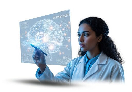 Female scientist in lab coat examines futuristic holographic display of medical data transparent background
