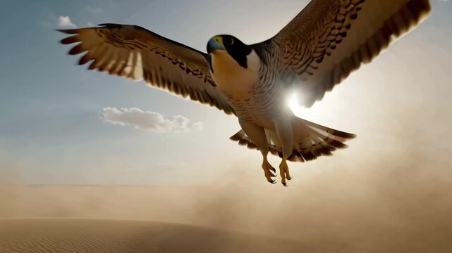 A powerful peregrine falcon soars through the golden desert sky, wings spread wide, illuminated by the bright sun, showcasing its majestic flight and predatory grace