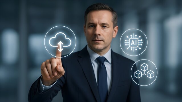 Businessman Interacting with Transparent AR Interface Featuring Cloud Computing, AI, and Blockchain
