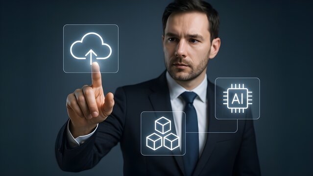 Businessman Interacting with Transparent AR Interface Featuring Cloud Computing, AI, and Blockchain
