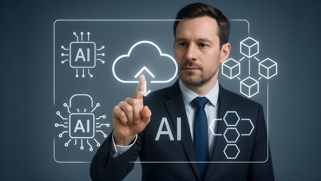 Businessman Interacting with Transparent AR Interface Featuring Cloud Computing, AI, and Blockchain
