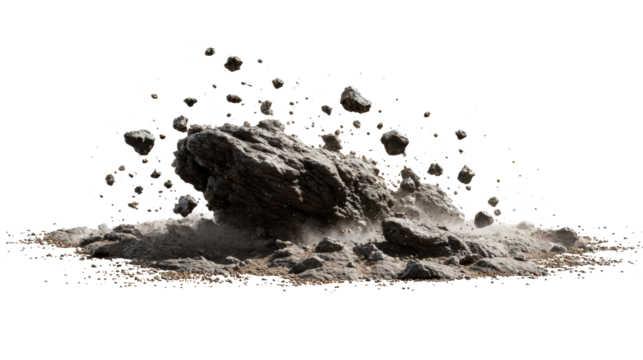Explosion of rocks and dust particles captured mid-air against a stark white background, cut out transparent
