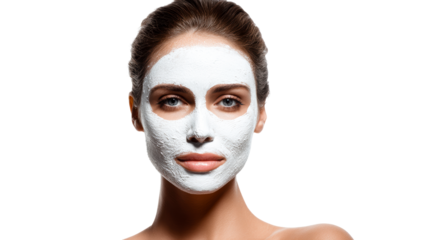 Woman with white facial mask receiving skincare treatment, cut out transparent