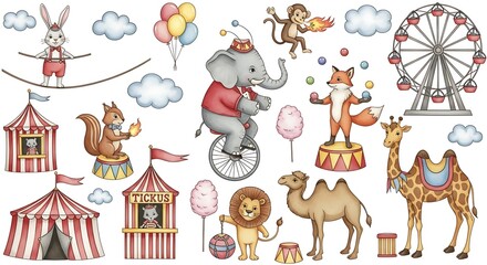 Vibrant Circus Scene with Animals, Performers, and Attractions carnival fair