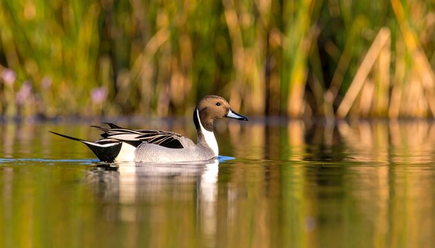 Northern Pintail Duck Swimming in Serene Water with Reeds.