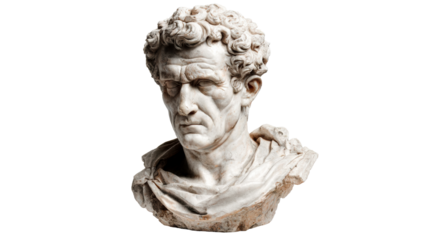 Stone Bust of a Serious Man with Curly Hair and Toga, cut out transparent