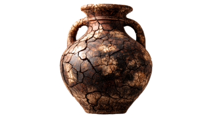 Ancient Cracked Terracotta Amphora with Two Handles on White Background, cut out transparent