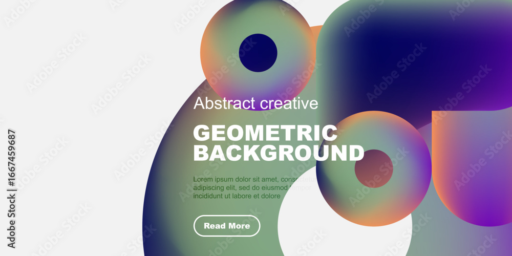 Poster vibrant abstract shapes overlap, creating colorful background. text promotes creative design, includ
