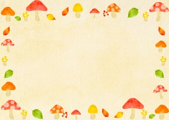 水彩で描いたカラフルなきのこのフレームイラスト