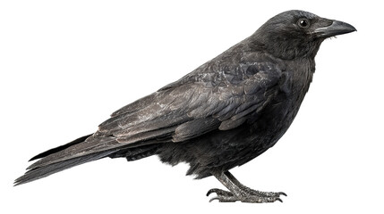 Detailed view of a solitary black crow standing against a white backdrop, cut out transparent