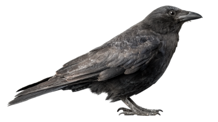Detailed view of a solitary black crow standing against a white backdrop, cut out transparent
