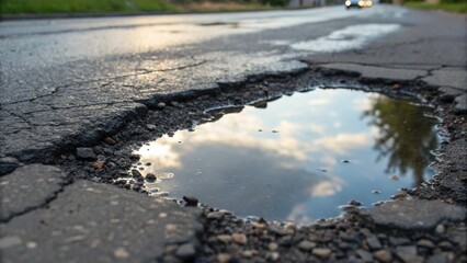 Close Up of Asphalt Road with Pothole Filled with Rainwater and Cracked Surface