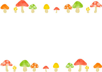 水彩で描いたカラフルなきのこのフレームイラスト
