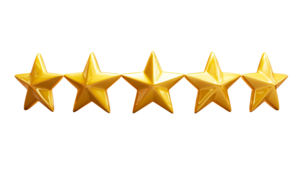 Five golden stars aligned in a row on a white background, cut out transparent