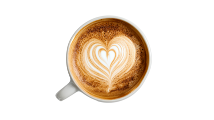 Overhead view of a latte with heart-shaped foam art in a white cup, cut out transparent
