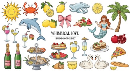 Whimsical Hand- Drawn Clipart Featuring Summer Beach and Food Elements crab lemon