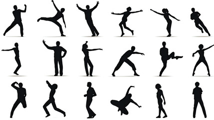 Collection of human silhouette figures performing dancing jumping and dynamic movement poses isolated on white background