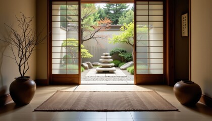 Welcome mat concept. Serene entrance to a Zen garden with sliding doors and natural decor.