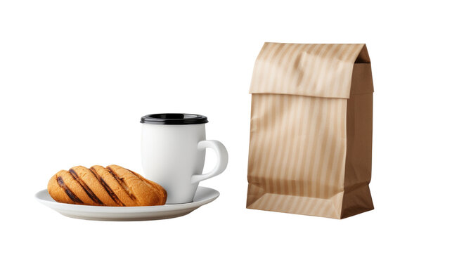 Takeaway coffee cup with croissant pastry on plate and paper bag breakfast set isolated on white background