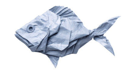 Origami fish crafted from textured paper with intricate folds and a grey hue, cut out transparent