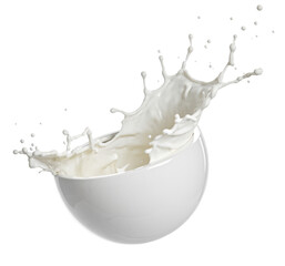 milk splash in white bowl on white background.