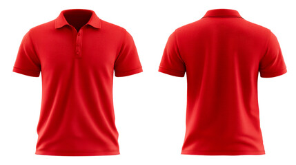 Front and back view of a vibrant red collared short-sleeve polo shirt, cut out transparent