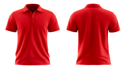 Front and back view of a vibrant red collared short-sleeve polo shirt, cut out transparent
