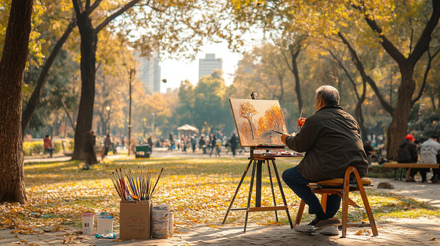 Artist painting outdoors in urban park autumn scene, sunlight, trees, cityscape, peaceful, creative mood