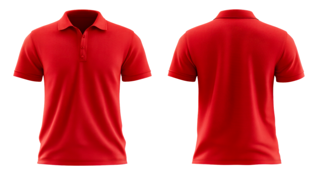 Front and back view of a vibrant red collared short-sleeve polo shirt, cut out transparent
