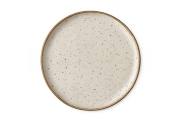Empty beige speckled ceramic plate on transparent background