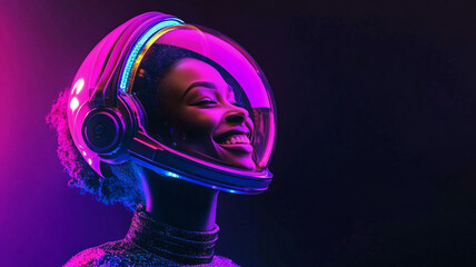 Black woman astronaut smiling in futuristic helmet, neon light, space suit, confident, joyful, science fiction, technology