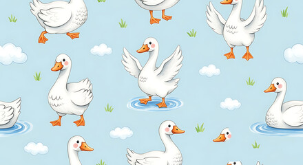 Repeated pattern of white cartoon geese on a light blue background