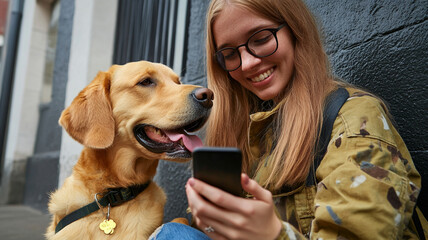 Young woman with long blonde hair and glasses smiling while using smartphone, sitting outdoors with guide dog, joyful urban moment