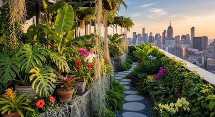 Obraz premium Lush rooftop garden overlooking a distant city skyline at sunset or sunrise