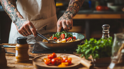 Chef tattoo preparing gourmet dish rustic kitchen fresh vegetable cooking focused chef preparing gourmet dish rustic kitchen with fresh vegetables