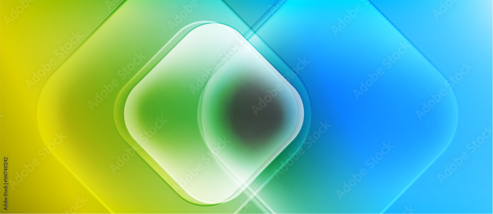 Poster abstract geometric design. gradient colors blend, creating luminous rounded squares. center features