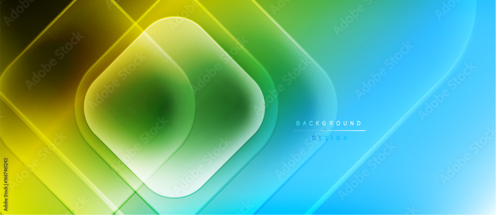 Poster abstract vibrant design features overlapping squares, gradients. blue, green, yellow hues create dyn