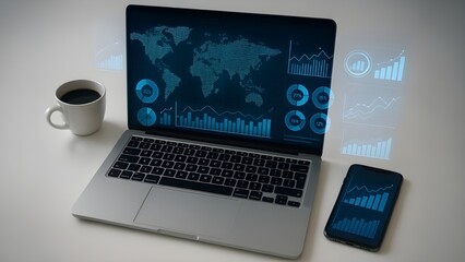 High-Angle Shot of Laptop and Smartphone with Futuristic Holographic Business Dashboards
