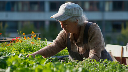 Elderly woman gardening rooftop urban garden wearing cap and sweater, tending green plants with peaceful expression