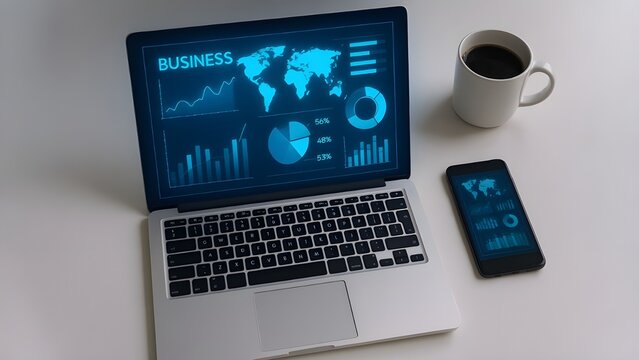 High-Angle Shot of Laptop and Smartphone with Futuristic Holographic Business Dashboards
