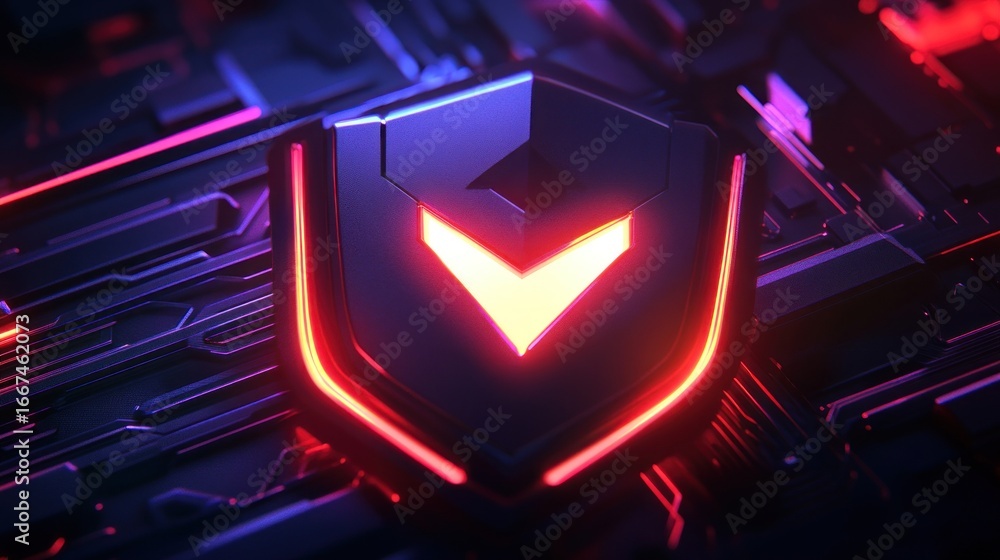 Poster futuristic shield emblem with glowing elements on a tech background