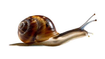 Detailed profile of a garden snail showing its textured shell and elongated body, cut out transparent