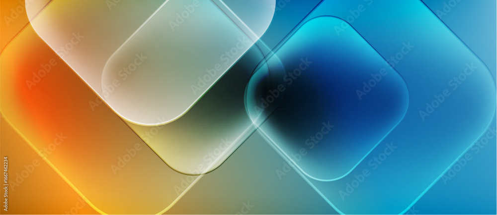 Poster abstract composition featuring overlapping rounded squares. colors transition from orange, green, to
