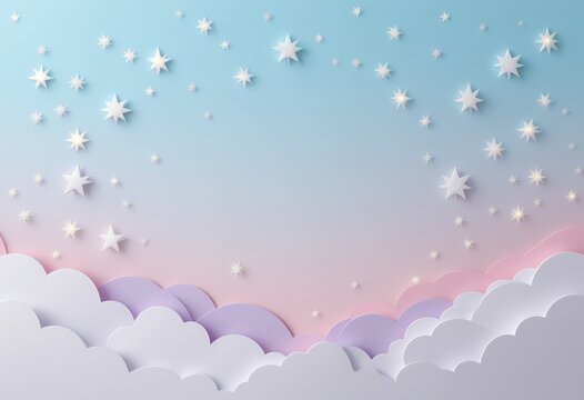 Whimsical layered paper clouds with sparkling stars against pastel sky background
