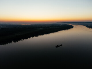 Aerial view of Belgrade river sunset over Sava and Danube confluence. g.