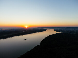 Aerial view of Belgrade river sunset over Sava and Danube confluence. g.